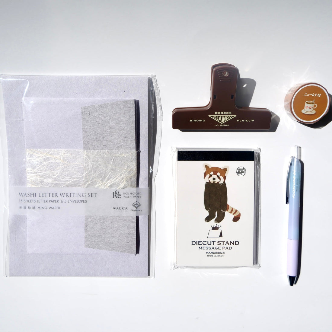 wacca washi paper, penco clip, marumo printing diecut animal memopad, pentel floatune pen, hightide masking tape