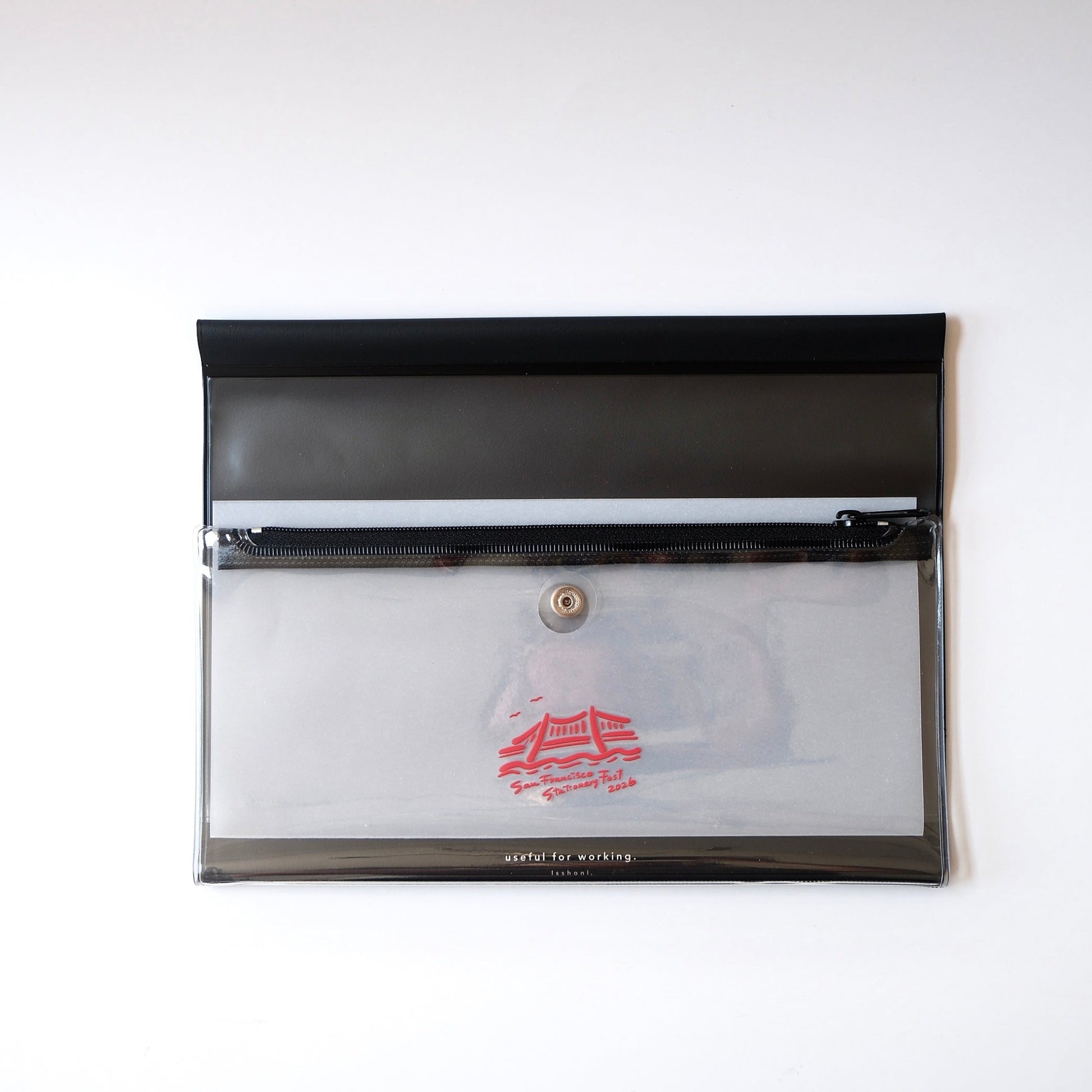 Black pouch with clear front and red logo on a white background
