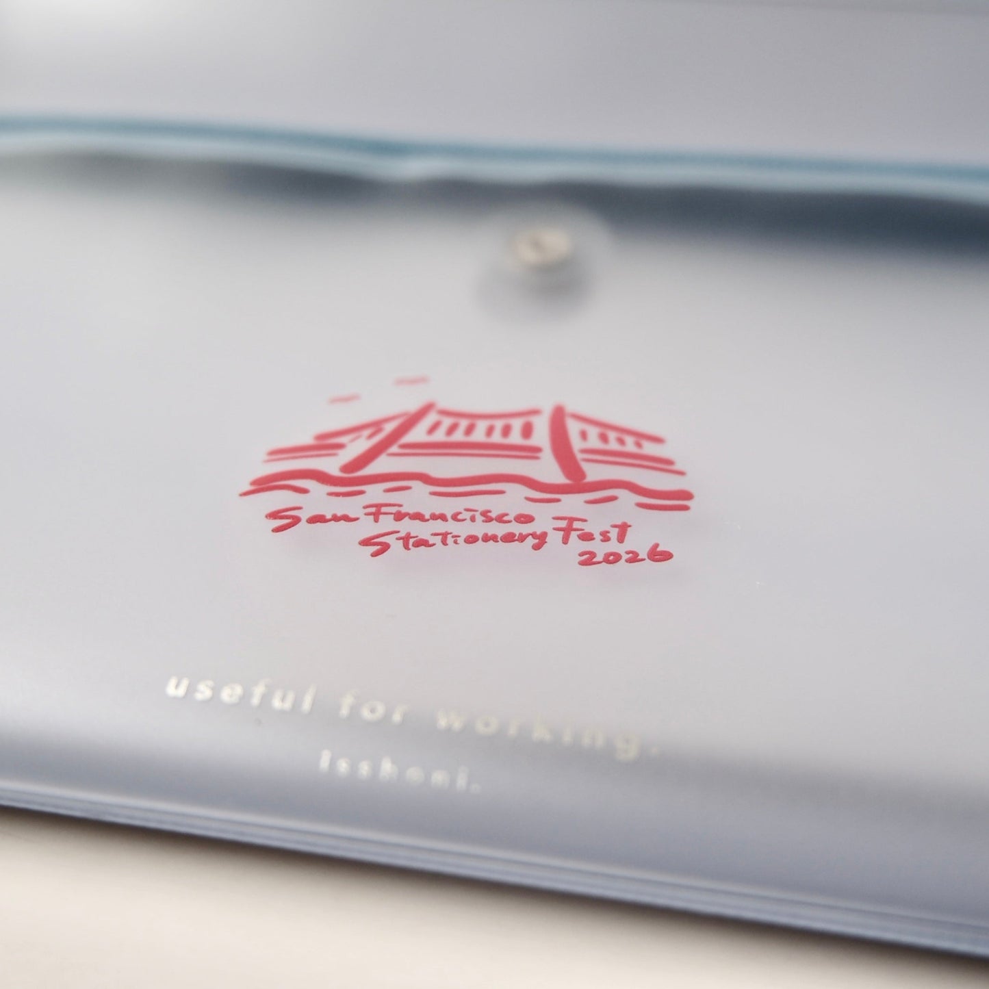 clear pouch with SF Stationery Fest design closeup shot
