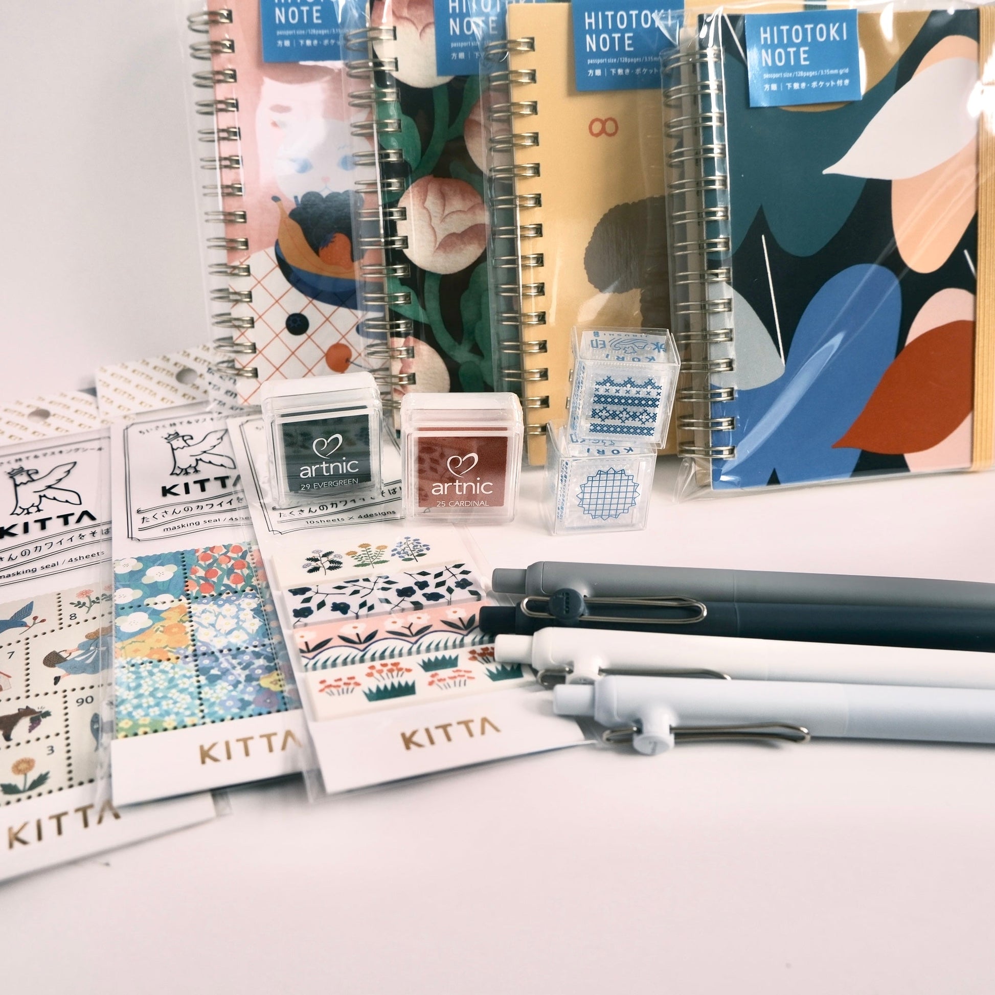 Hitotoki notebook, kitta washi, mitsubishi uniball, artnic ink pad, korijirushi jstamp