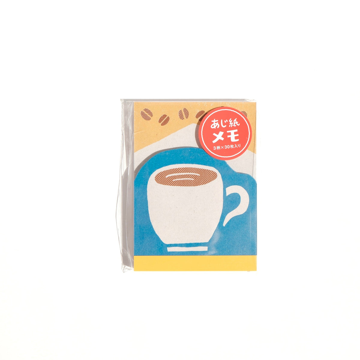 A single packaged coffee bag with Japanese text, featuring an illustration of a white coffee cup with brown coffee, blue background elements, and a red circular badge, centered on a plain white background.