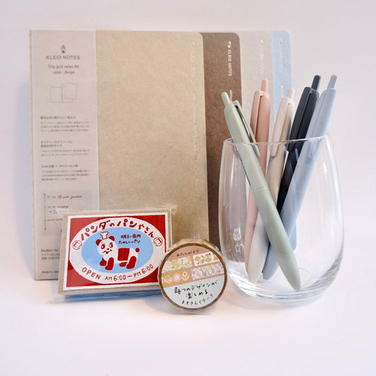 January 2026 Paper Bento box featuring curated Japanese stationery items including a notebook, pen holder with pens, and small box on a white background